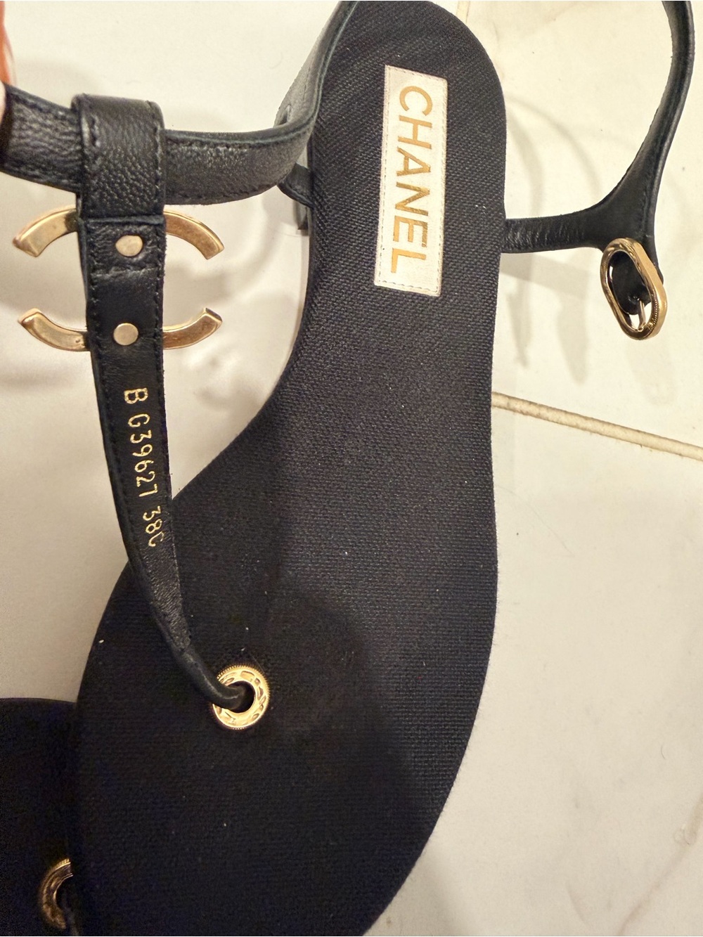 CHANEL Black T-Strap Sandals with Gold CC Hardware - Picture 6 of 7